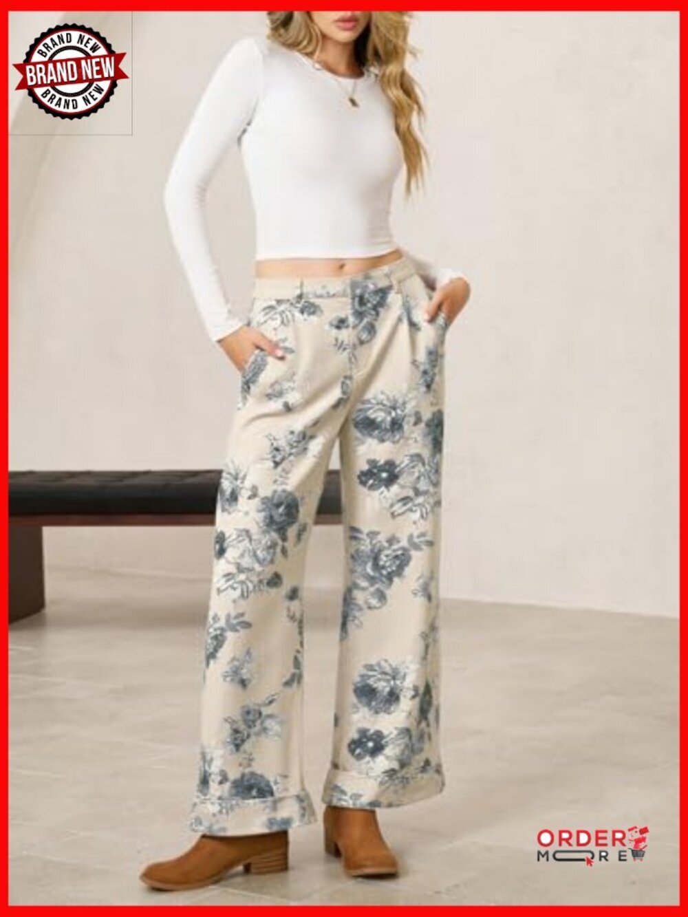 Baggy Wide Leg Floral Jeans High Waisted Boho Denim Pants with Pockets - Picture 5 of 7